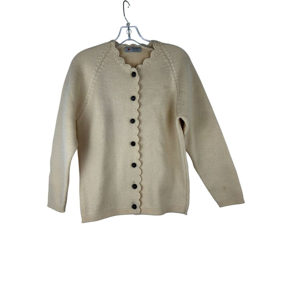 VTG Obermeyer Womens Beige 100% Wool Cardigan Sweater With Scalloped Trim Small